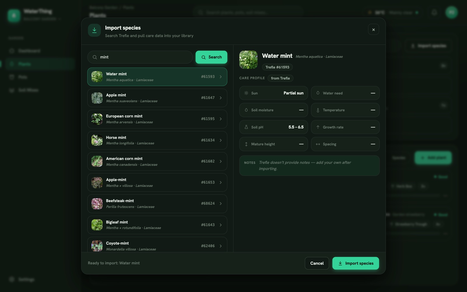 Species import dialog: Trefle search results with a care profile preview